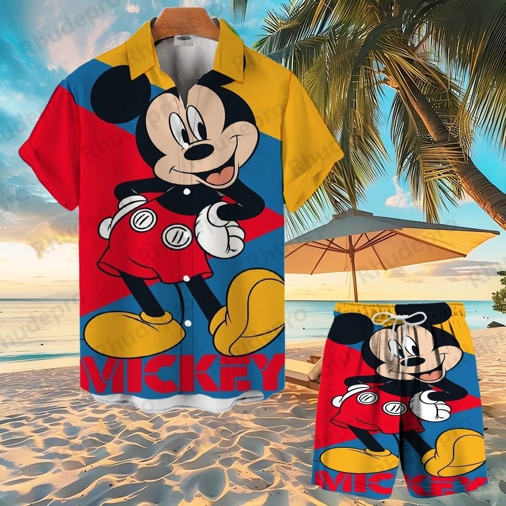 2025 ディズニーミッキーマウス 3d プリントアロハシャツスーツ男性と女性のファッションボタン半袖ショートスーツビーチ