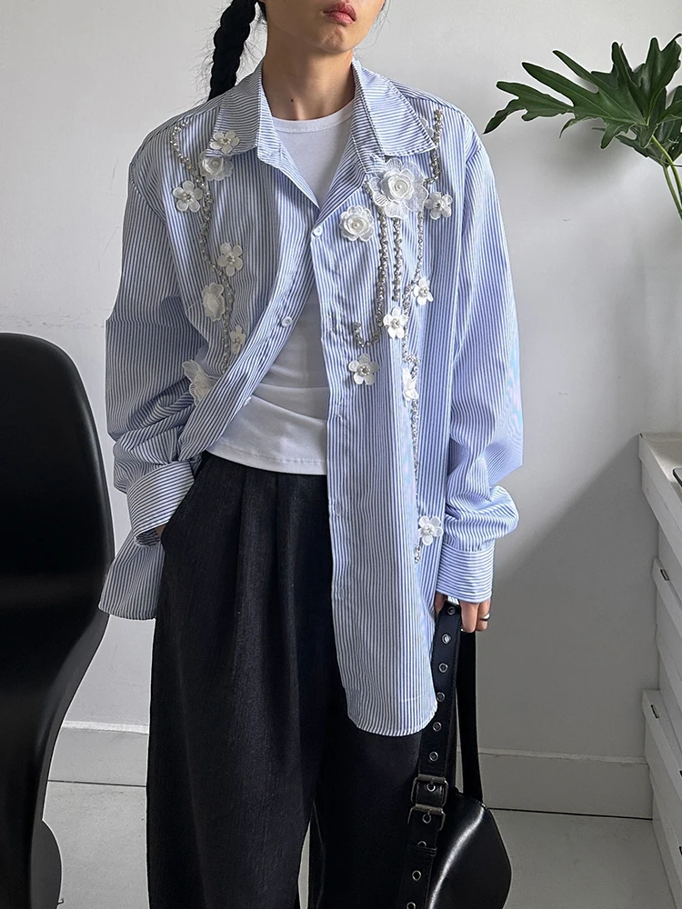 [EAM] Women Blue Striped Flower Nailed Big Size Blouse New Lapel Long Sleeve Shirt Fashion Tide Spring Autumn 2024 1DH8158