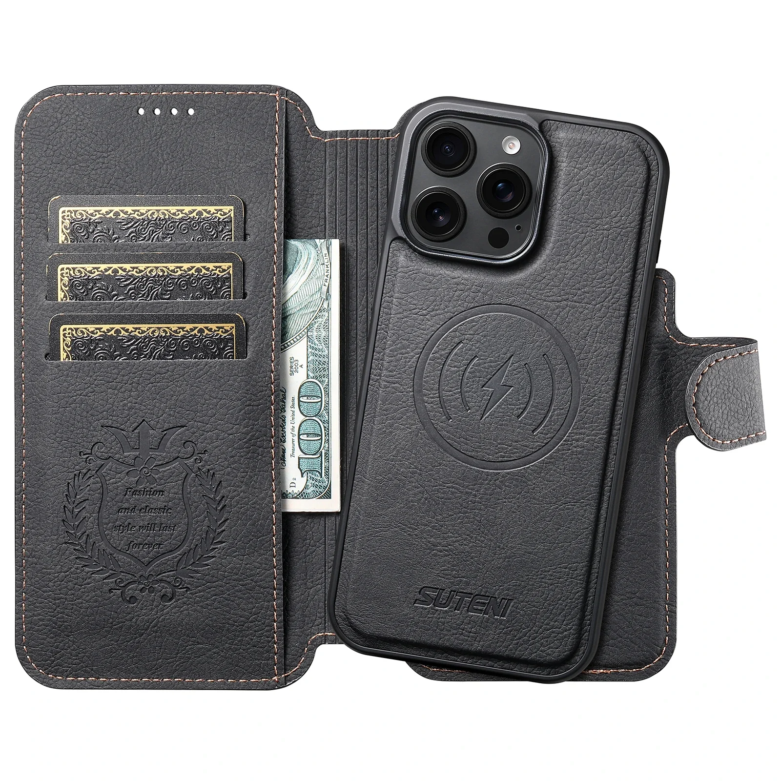 

For IPhone 16 Pro Max 15 Plus 14 13 Pro Detachable Card Wallet Case Magnetic Charging Bracket Lychee Texture Leather Flip Shell