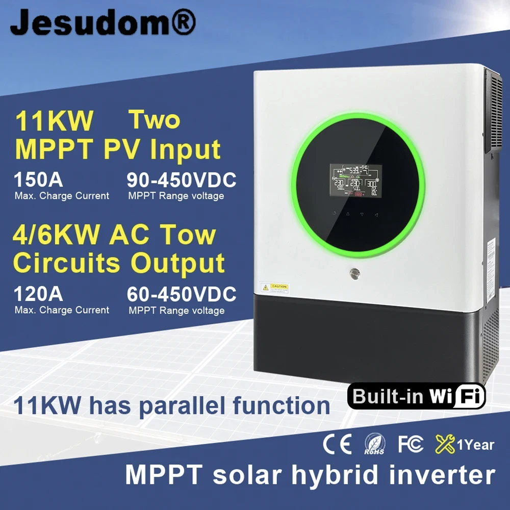 Jesudom Solar Inverter 11KW 150A 230V 48V 50hz/60hz Dual MPPT PV Input Built in WIFI Pure Sine Wave Output Parallel Support