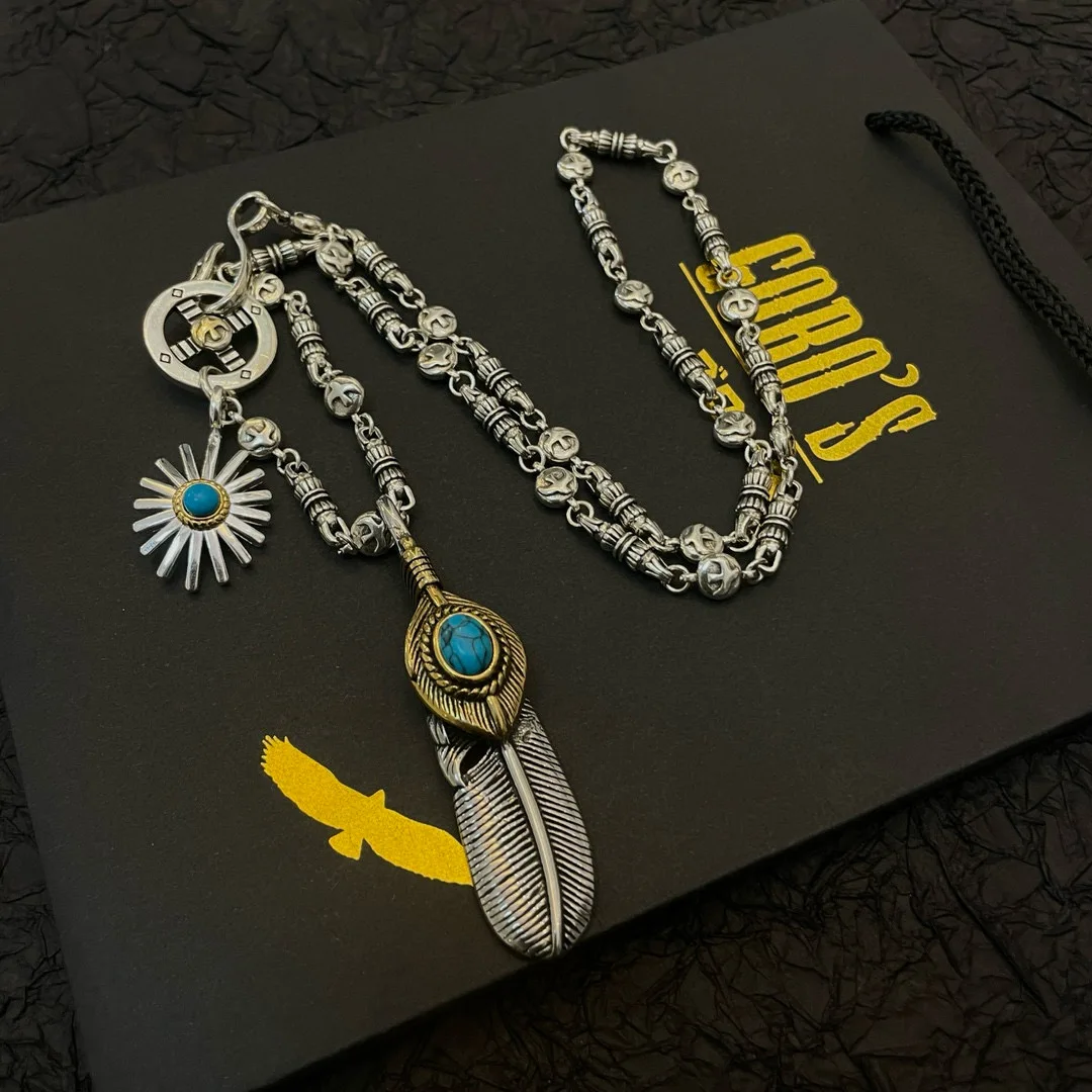 

Japan Tide Takahashi Goros Vintage Turquoise Feather Sea Urchin Silver Cake Pendant Classic Bird Necklace Fashion Versatile
