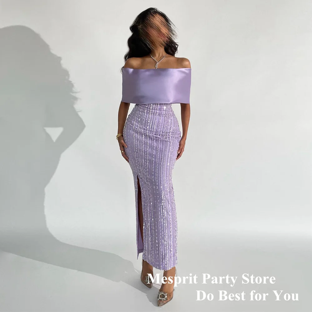 

Lilac Evening Dress Boat Neck Off Shoulder Side Slit Ankle Length Mermaid Party Gown Robe De SoireeSaudi Arab Prom Dresses