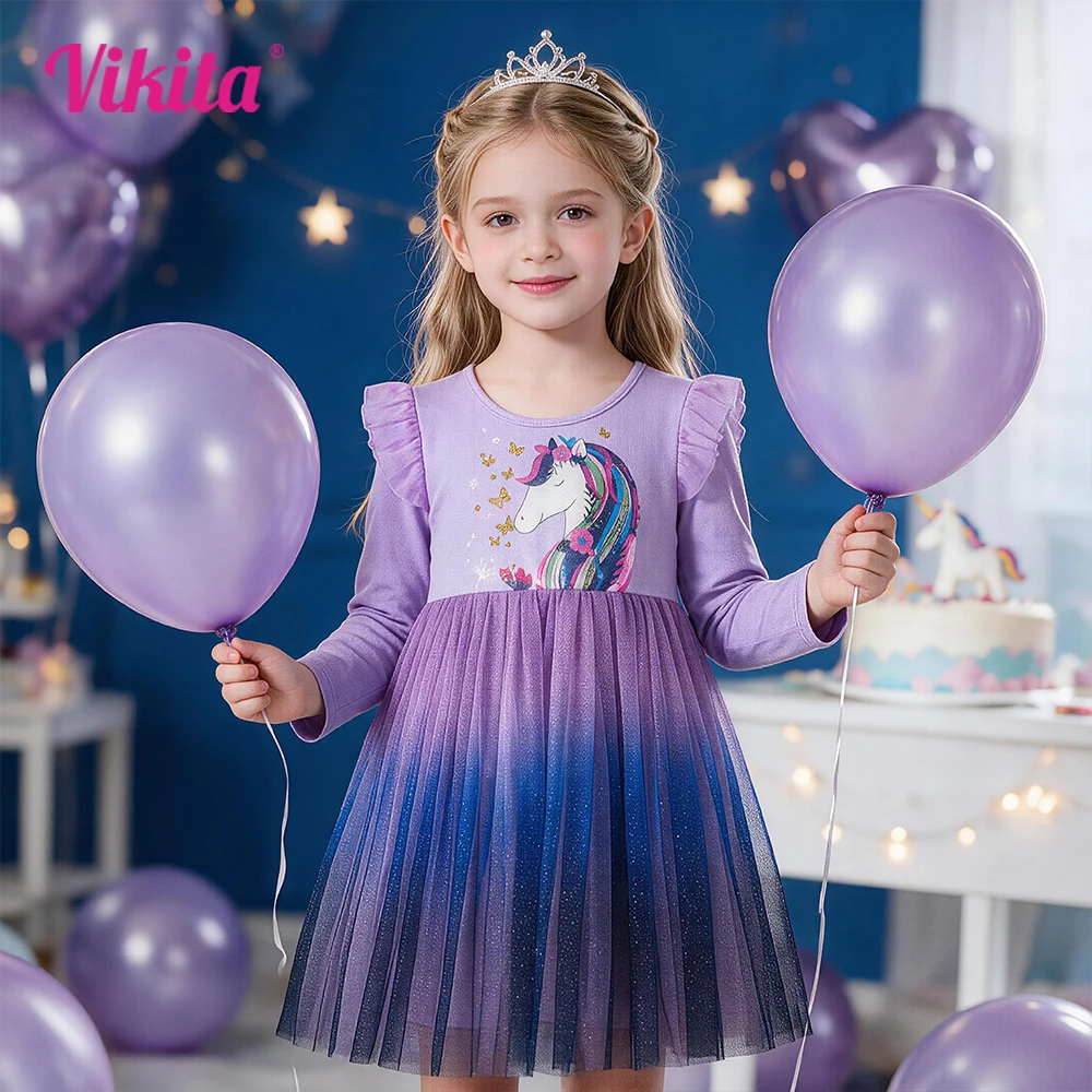 VIKITA Toddlers Unicorn Long Sleeve Gradient Starry Sparkly Ombre Dress Kids Ruffle Tulle Mesh Princess Party Tutu Purple Dresse