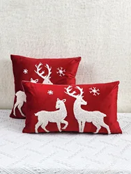1pc Red Dutch Velvet Christmas Deer Exquisite Embroidery Cushion Pillow Case, Multi-Size Multi-Room Universal