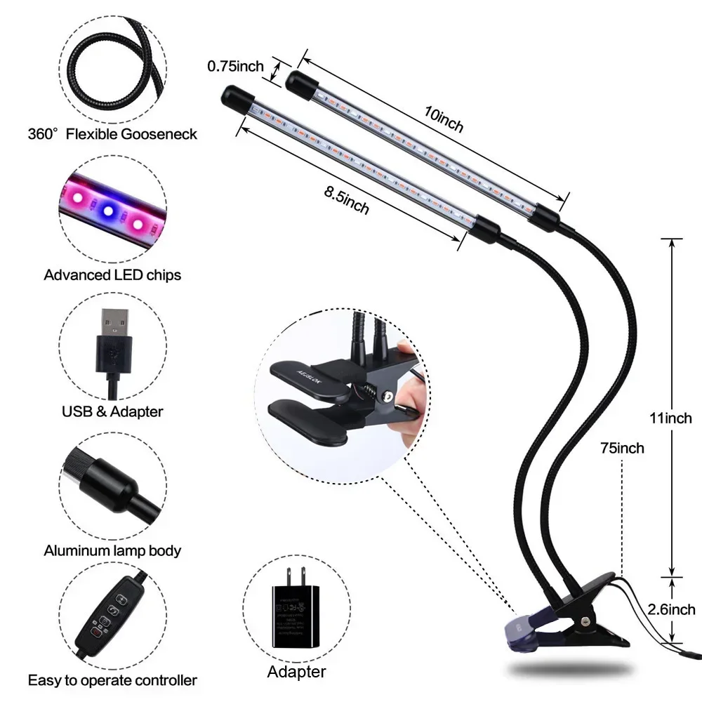 قضبان إضاءة LED للنباتات الداخلية ، طيف كامل قابل للتخميد ، مؤقت 3 ، 9 ، 12 ساعة ، مصابيح زراعة نبات T5 ، مشبك ، مصباح نمو LED مكتبي