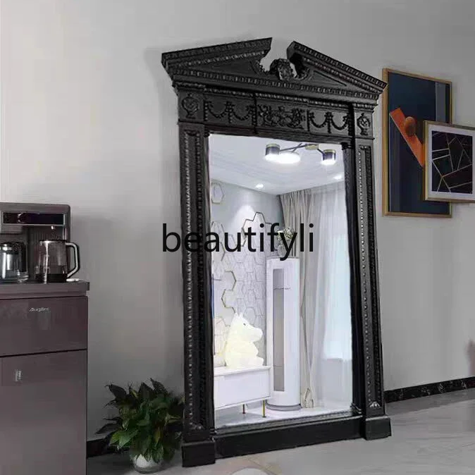 

French retro carved full-body mirror home living room old floor mirror American wall-mounted full-length mirror B03