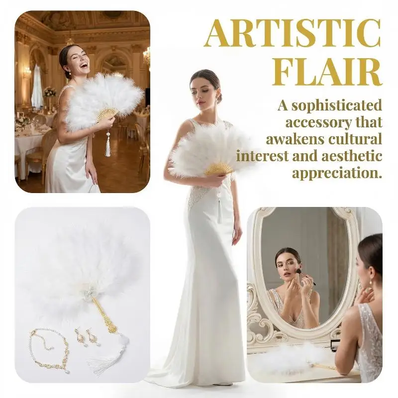 Ostrich Feather Fan Lolita Round Golden Hollow Handle Gothic Court Dance Women Wedding Party Decor Gift