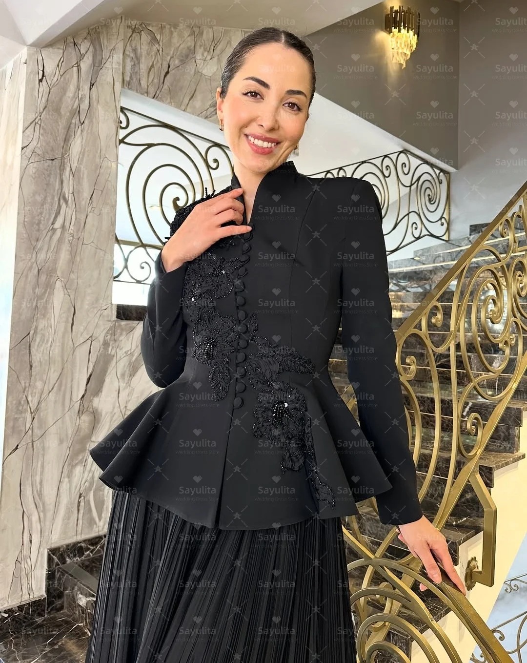 Sayulita 2-Pieces فساتين لحضور الحفلات الموسيقية مطرز زين كم طويل فستان الحفلات المسائية الطيات Vestidos Des Fiesta مخصص