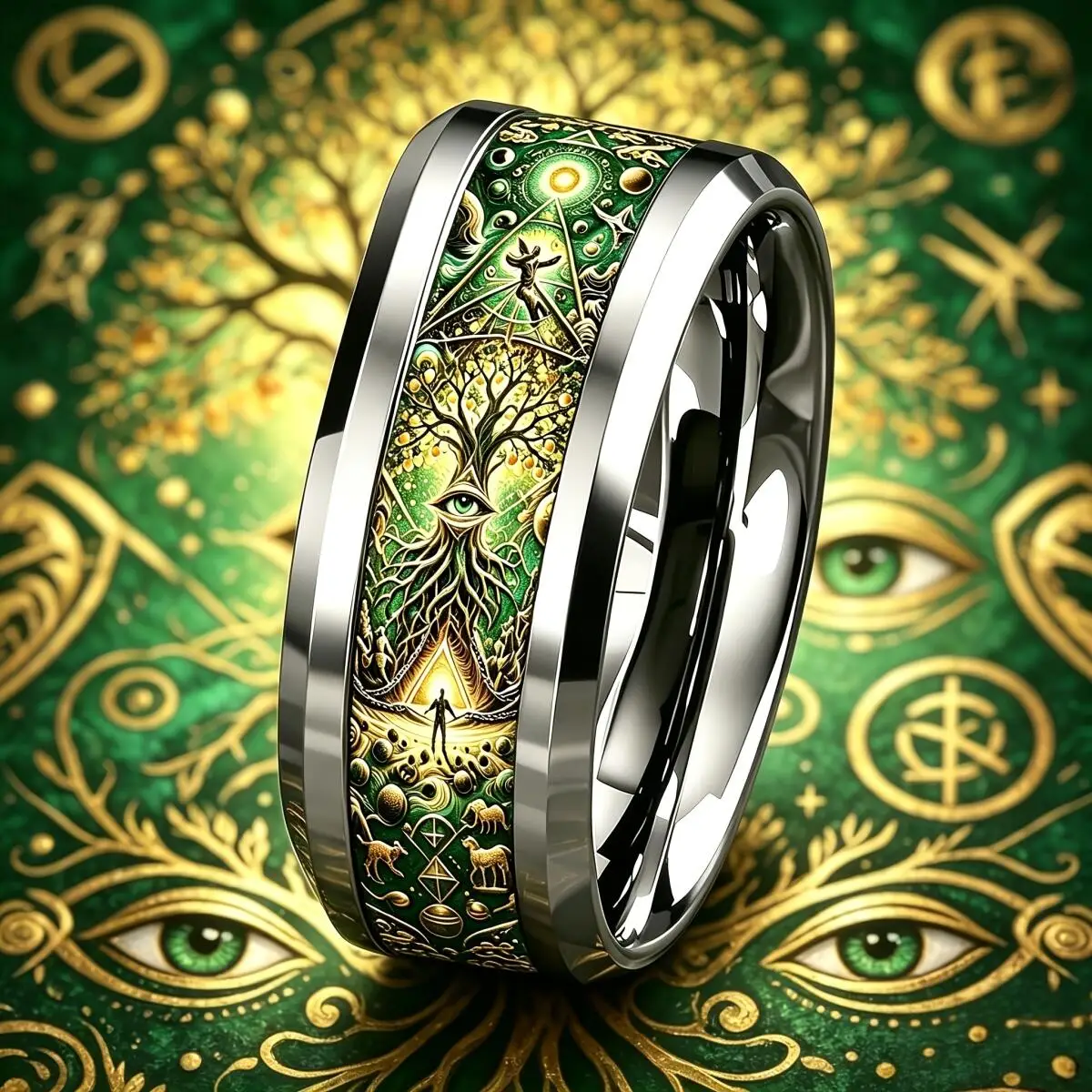 SUNFLOWERZHU 8MM Mysterious Tree Stainless Steel Ring Women Men Non-fading Wedding Band Engagement Double Beveled Steel Ring