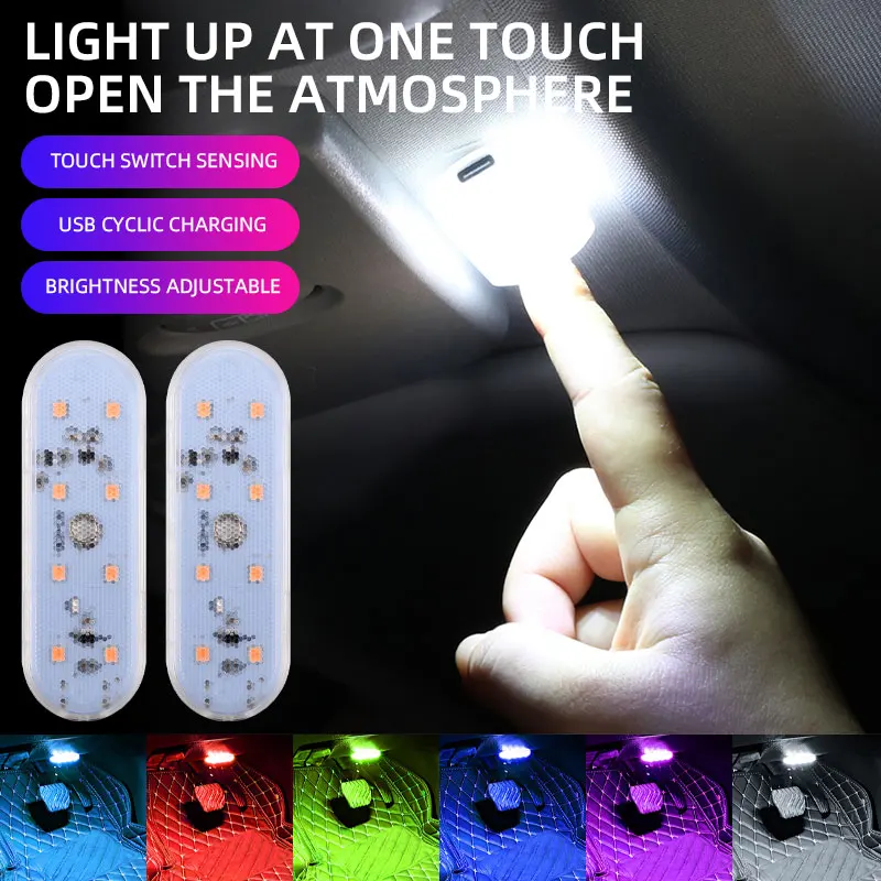 1pcs Touch Sensor LED 8 LED Ambient Light Car Interior Roof Reading Lamp Wireless USB Rechargeable Atmosphere Light