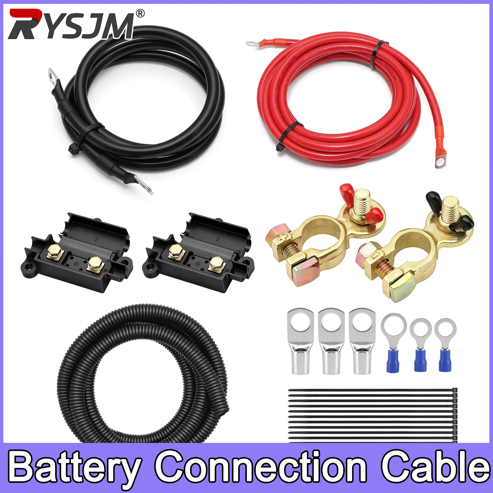 Battery Connection Cable 3-meter red cable + 1-meter black cable Terminal RV Pure Copper Core Inverter Battery Connection Wire
