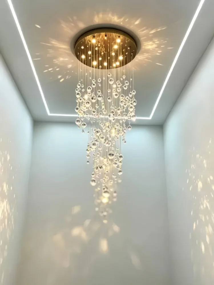 Large Modern Crystal Chandelier for Villa Duplex Open Floor, Rotating Stairwell Long Hanging Crystal Stair Light