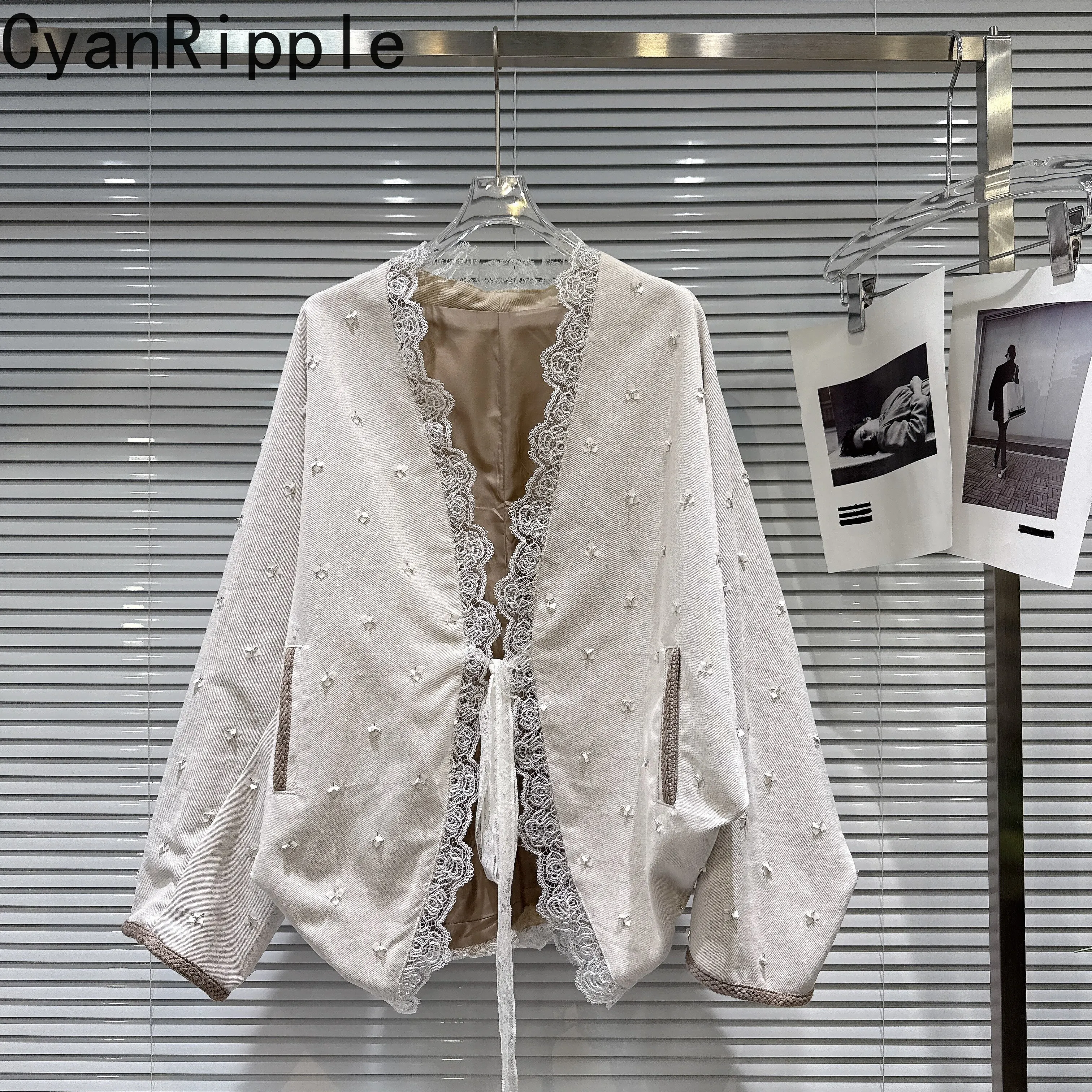 Fashionable New Spring Autumn Loose Cardigans Coat Spice Girls Lace Strap Solid Color Batwing Sleeve Jacket Beads Trench Coats