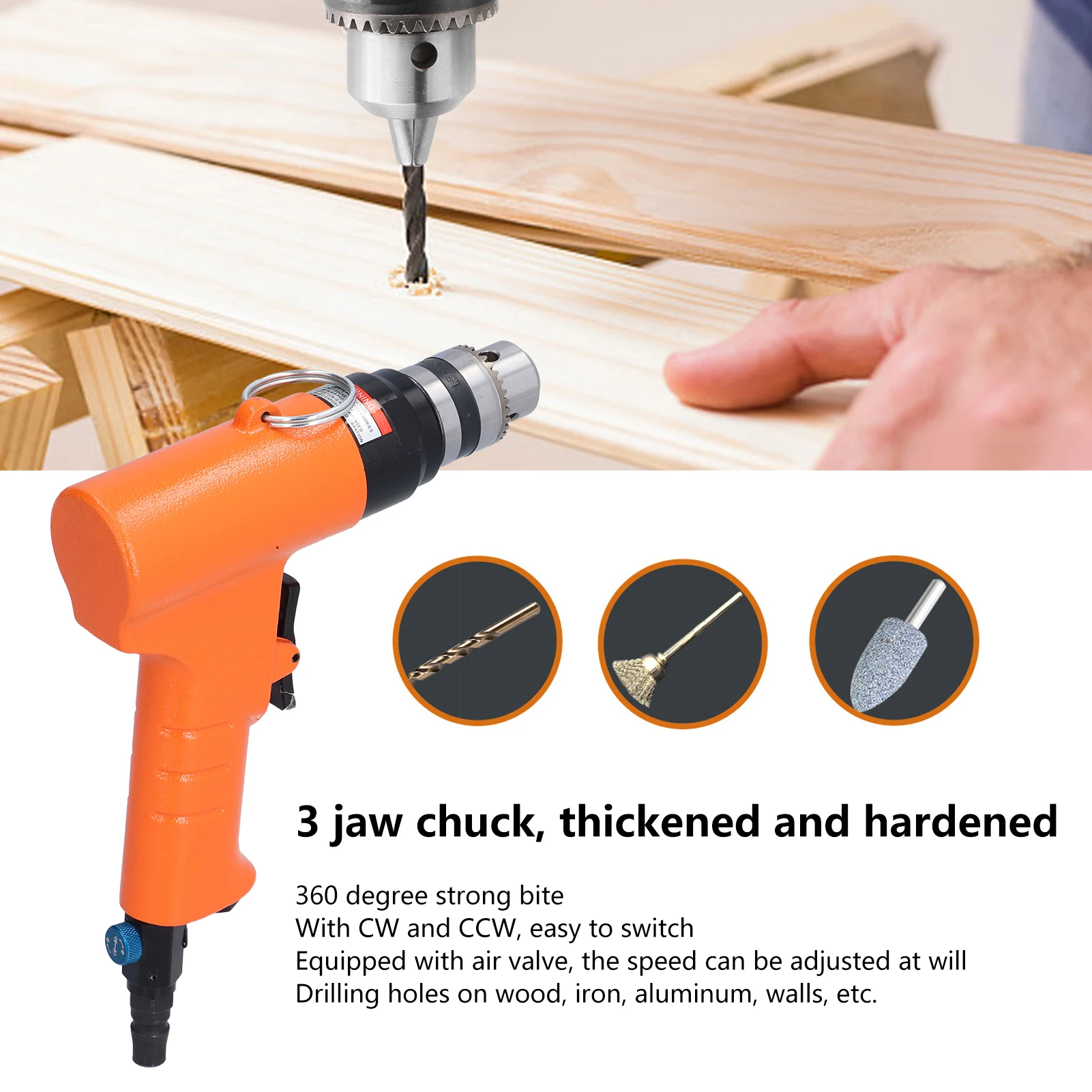 

3/8in Pneumatic Air Drill Pistol CW CCW Reversible 10mm Hole Drilling Tools 1400rpm KV‑5110B CW and CCW Pneumatic Drill