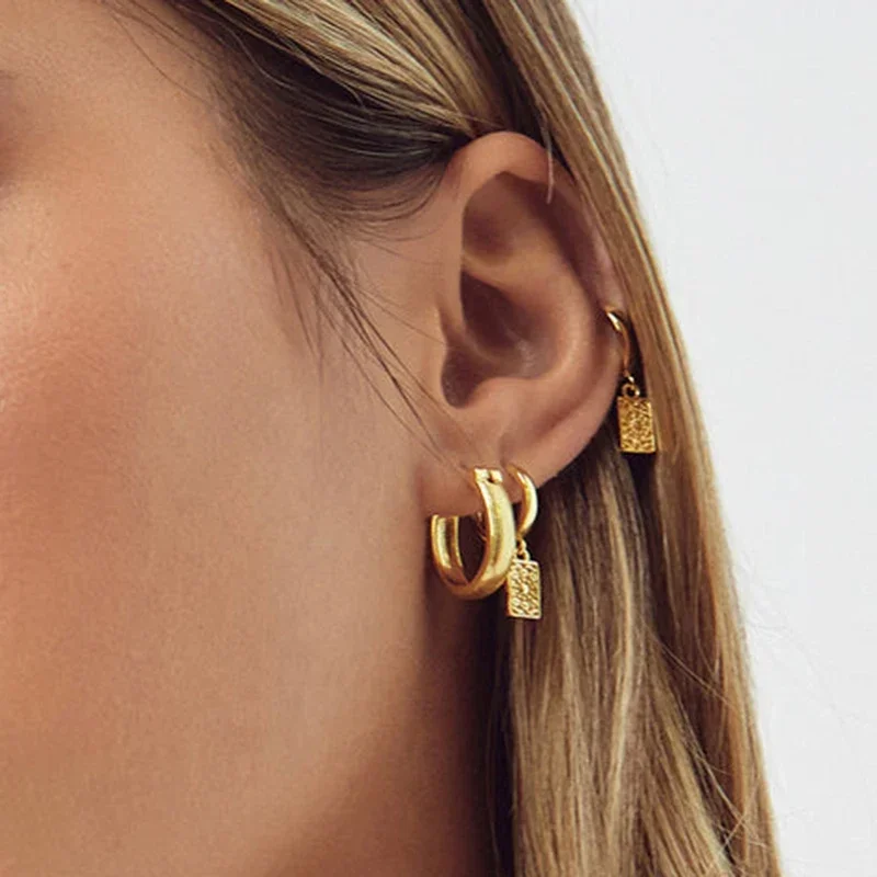 925 Sterling Silver Needle Square Round Zircon 18k Gold Plated Pendant Earrings For Women  Hoop Earrings Fashion Retro Jewelry
