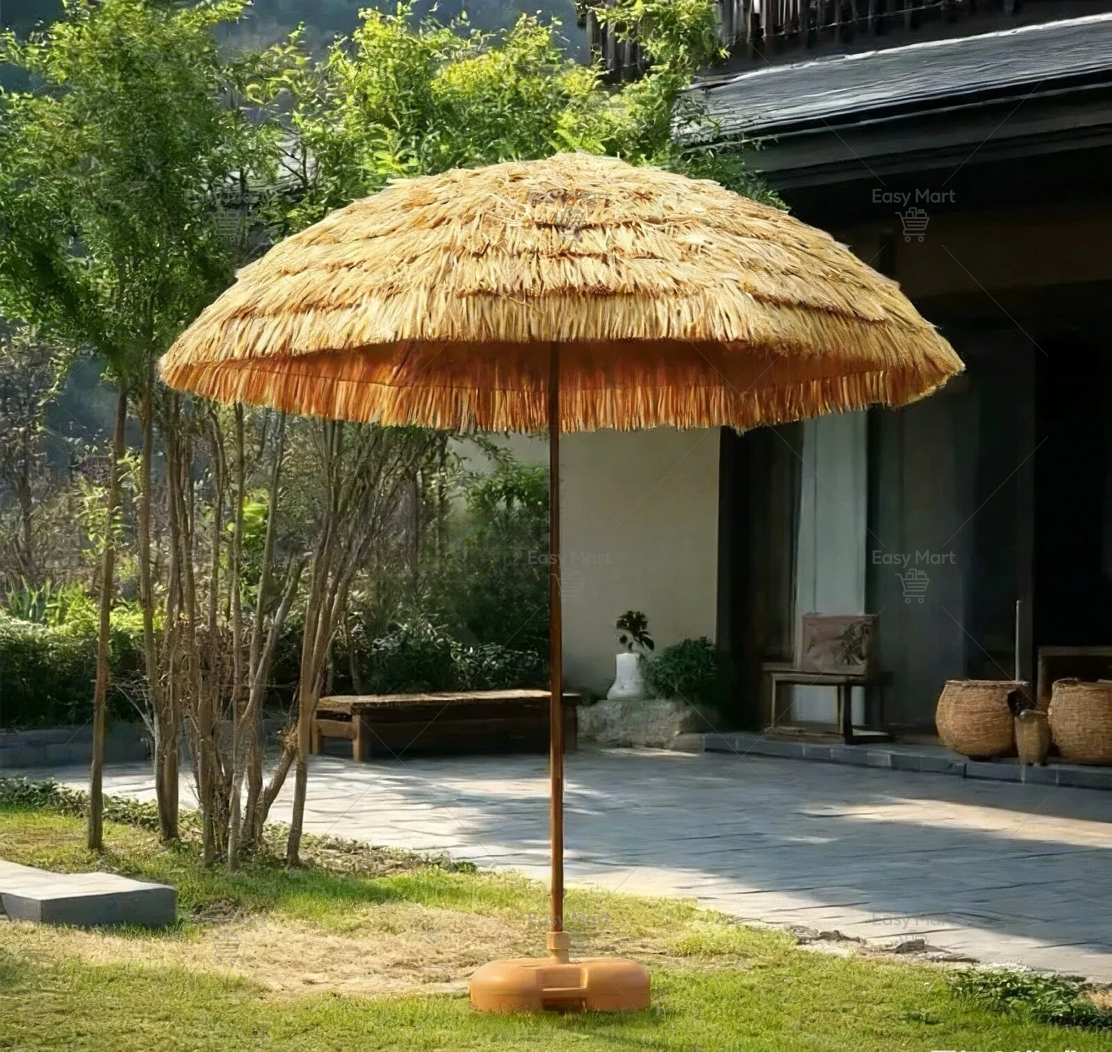 2.4m 3m Large Outdoor Thatched Sun Umbrella, Rotating Garden Beach Patio Sunshade
