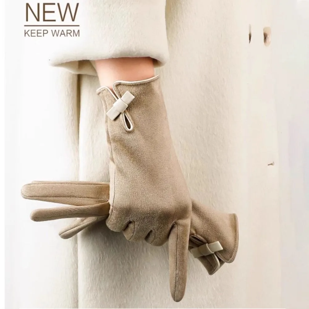 

Подарочные бархатные зимние замшевые перчатки с бантом, мягкие толстые перчатки из искусственной кожи, корейский стиль, сенсорный экран, женские велосипедные варежки для девочек