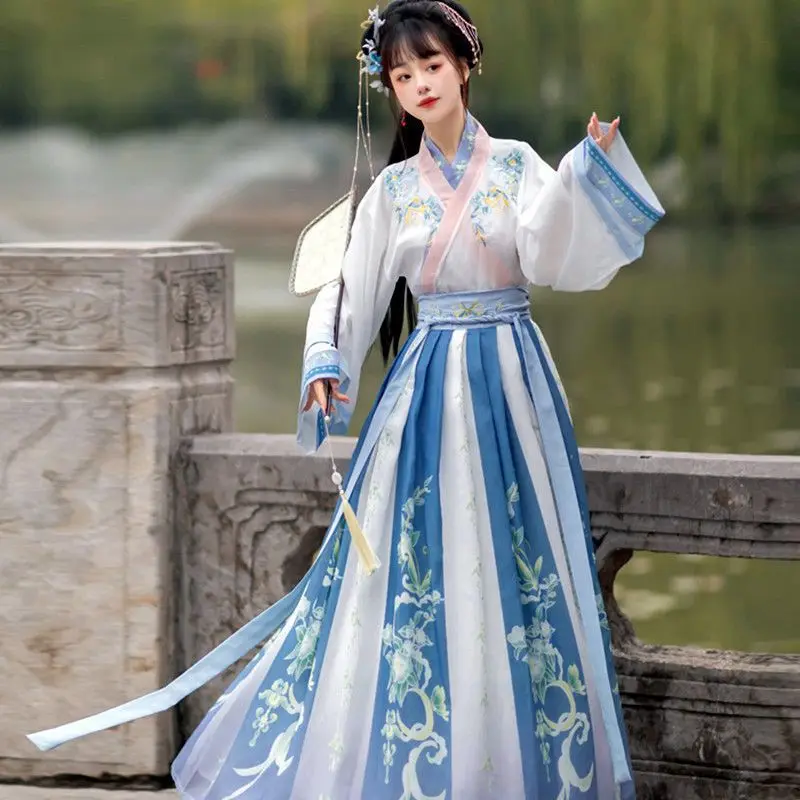 الأصلي والحقيقي Hanfu الملابس القديمة المرأة عبر طوق تنورة الخصر الكبار النمط الصيني نظام جين طالب مجموعة كاملة