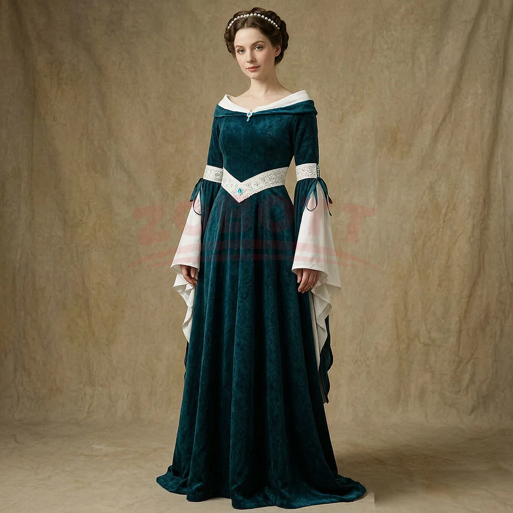 

Medieval British Noble Queen Velvet Gown Off Shoulder Flare Long Sleeve Vintage Court Dress Women Renaissance Royal Costume