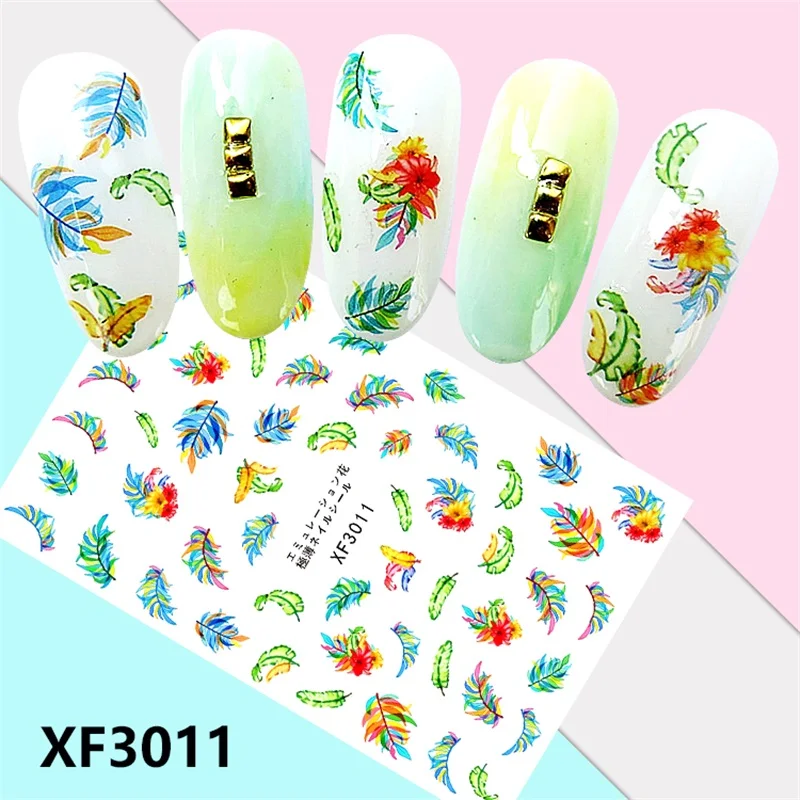 กันน้ําน้ําโอนเล็บสติกเกอร์ DIY 3D Feather Design เล็บปลอมอุปกรณ์ตกแต่งเล็บ Wraps Decals XF3013