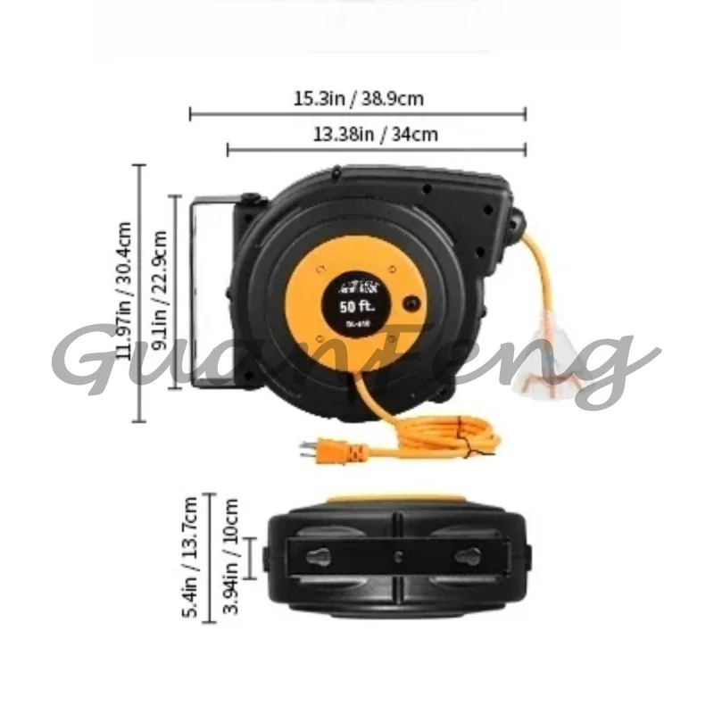 Black heavy-duty power cord with lightweight three-point connector socket and telescopic extension cable reel