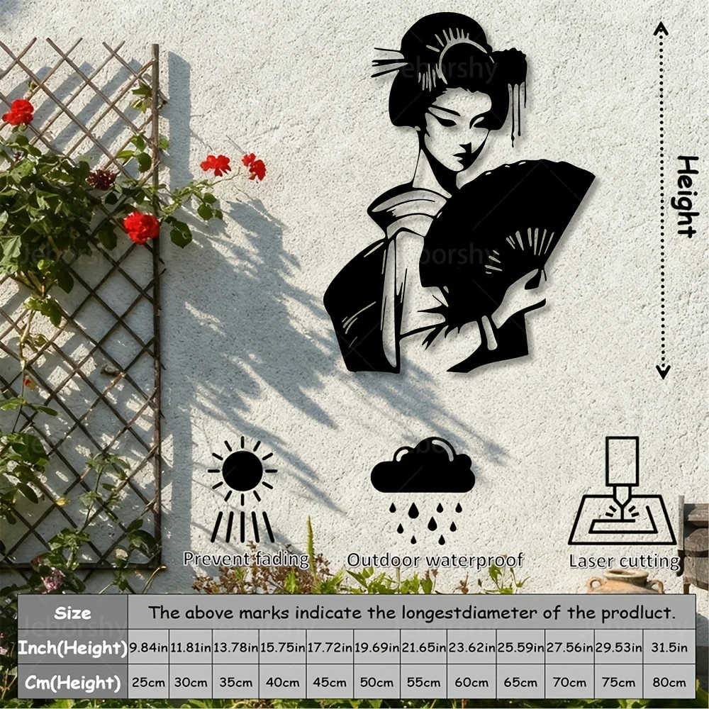 2D Flat Geisha Metal Wall Art Iron Wall Mounted Decor for Living Room Bedroom Office Indoor Display
