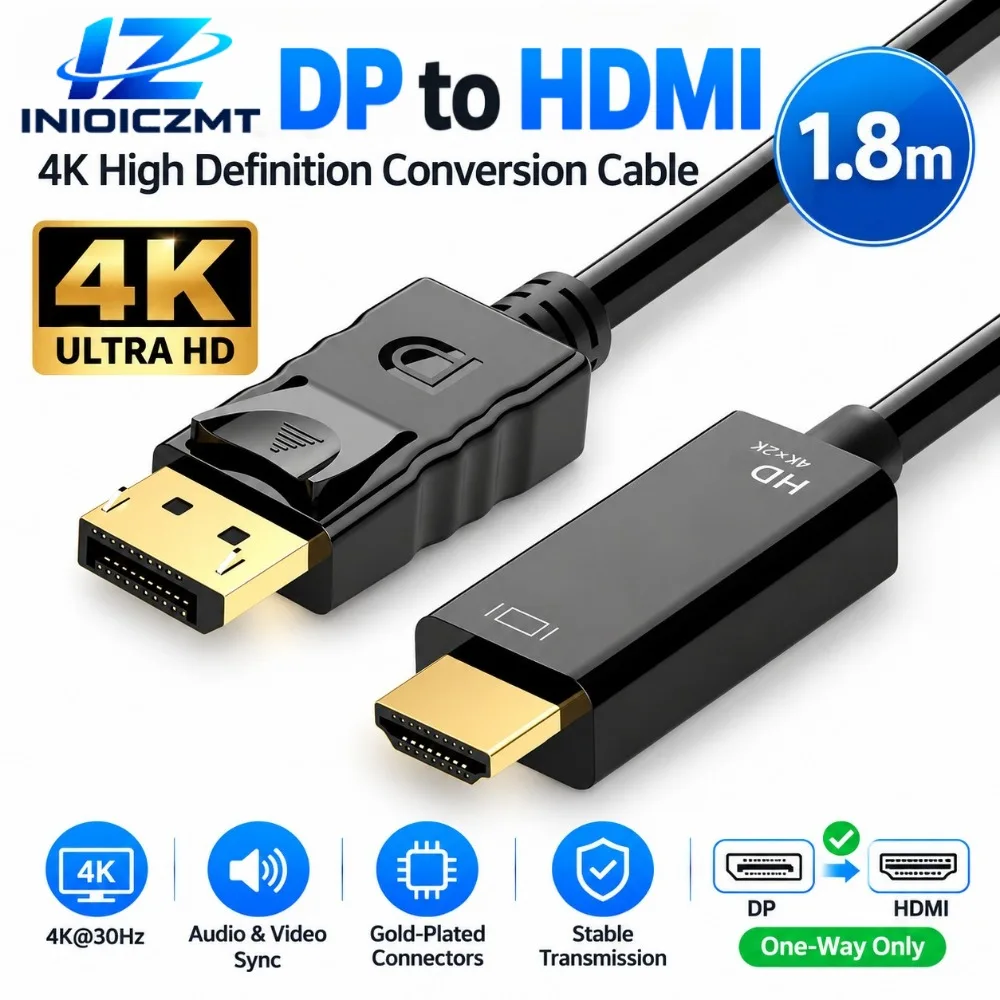 1.8M DP To HDMI Cable 4K One Way DisplayPort To HDMI Converter Adapter for Monitor TV Projector Laptop PC HDTV for Gaming