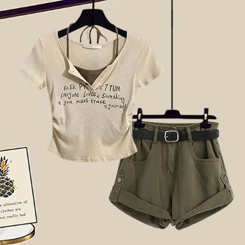 

Women's Summer Patchwork Halter Letter T Shirts Short Pants 1 or Two Piece Sets 2025 New Lady Fashion Tops Trousers Outfits