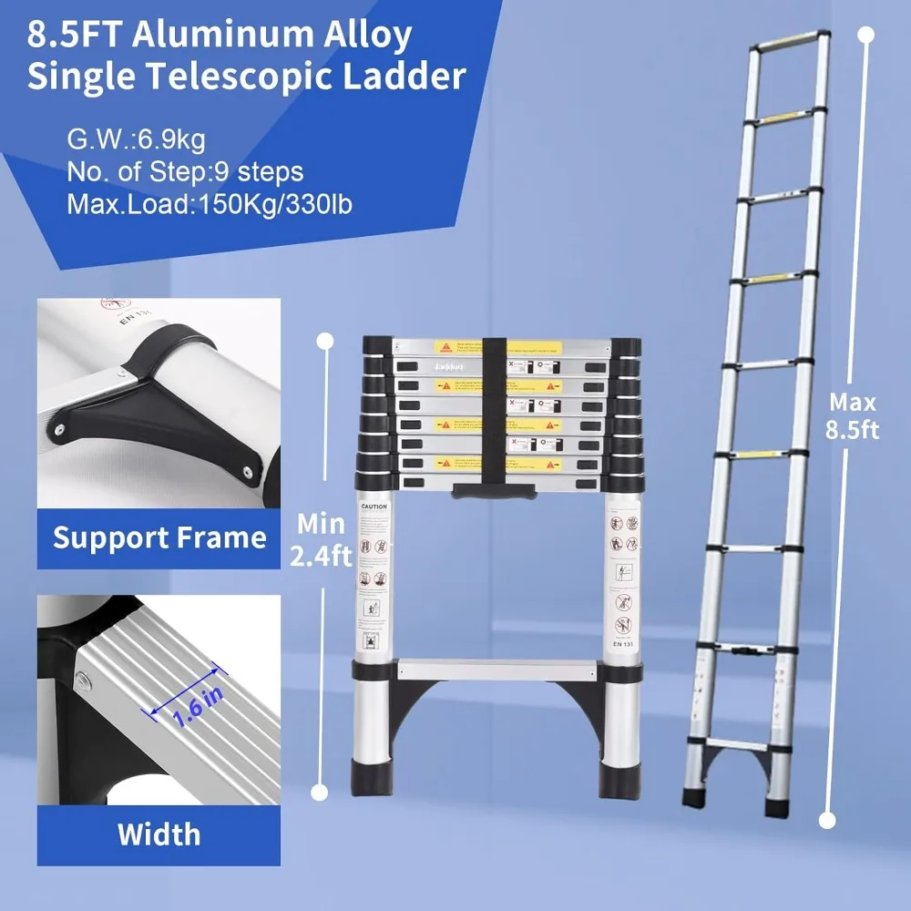 Escalera telescópica de aluminio, escalera de extensión de 8,5 pies, ligera, con 2 estabilizadores triangulares