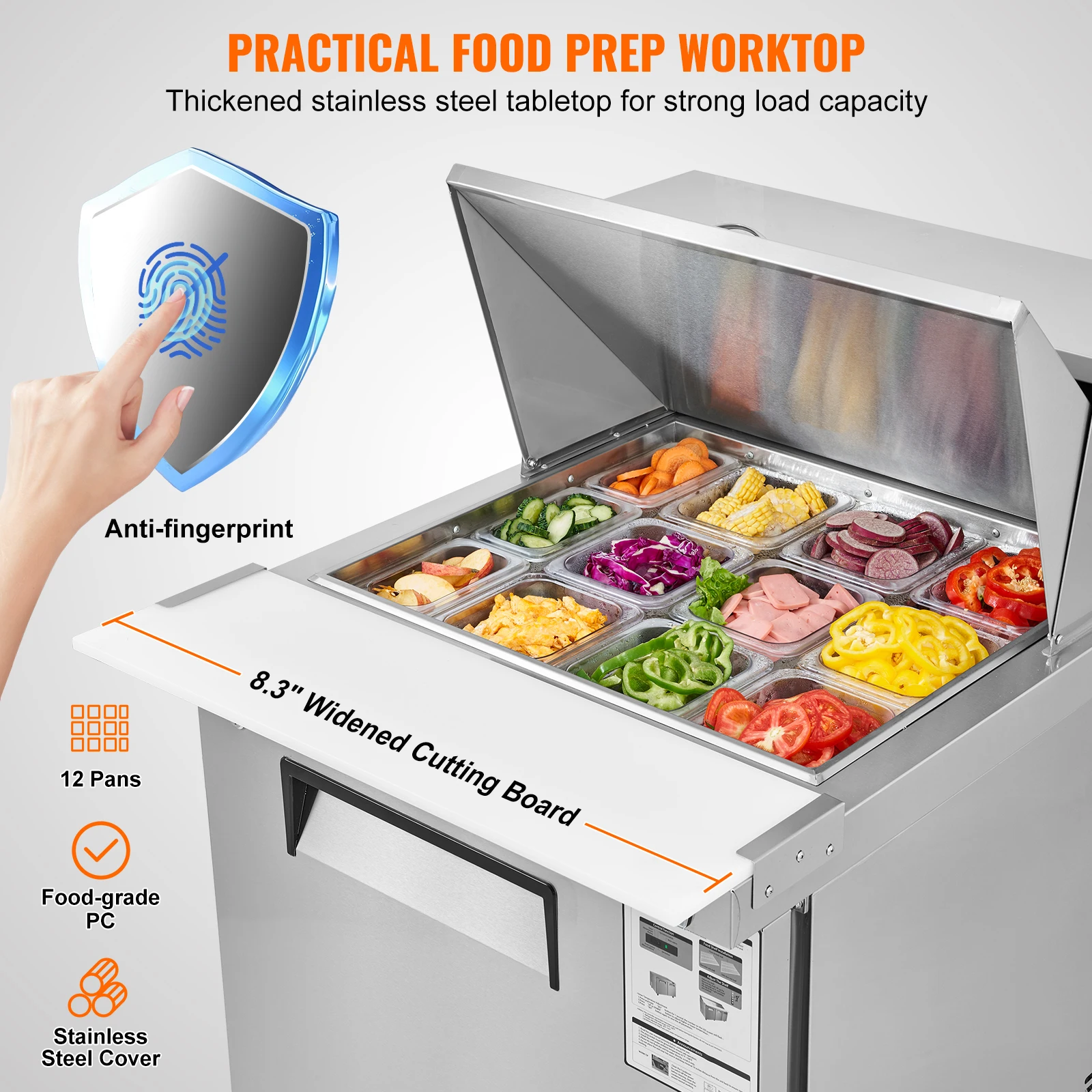 VEVOR 28 بوصة طاولة إعداد الساندوتش والسلطة التجارية للثلاجة 7.4 Cu. محطة تحضير الطعام المبردة من الفولاذ المقاوم للصدأ مع مقلاة