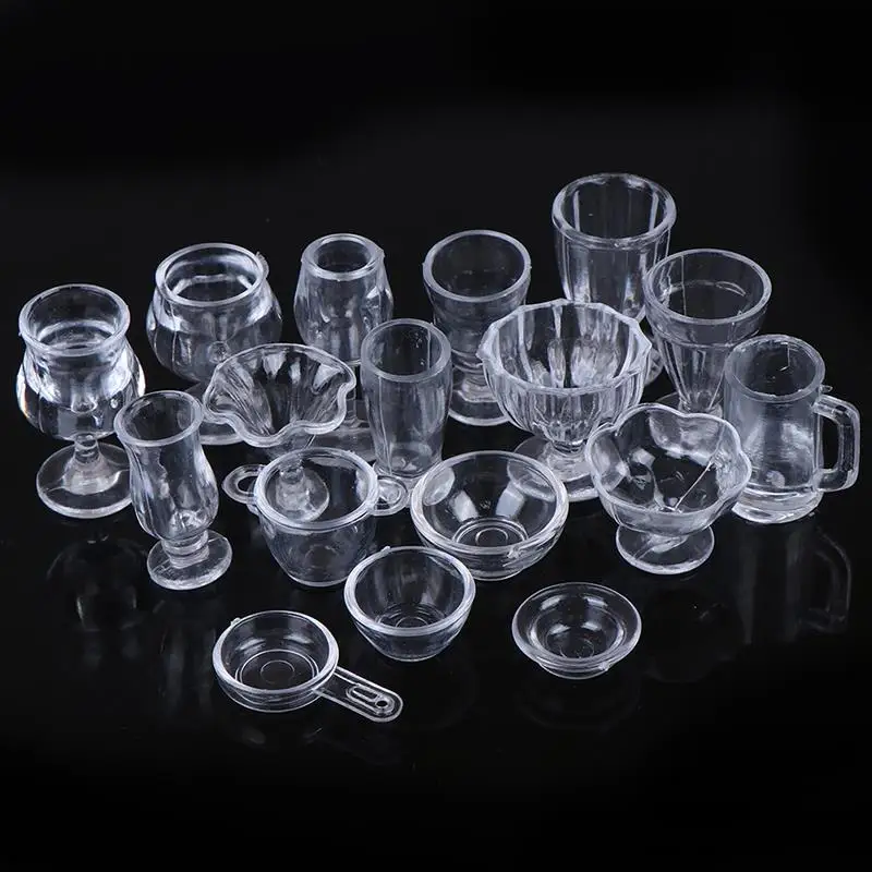 Tasses transparentes maison de courses, 17 pièces/ensemble, 1:12, cuisine britannique, jouets, mini clics standardiser pour poupées, bricolage, semblant de jouer