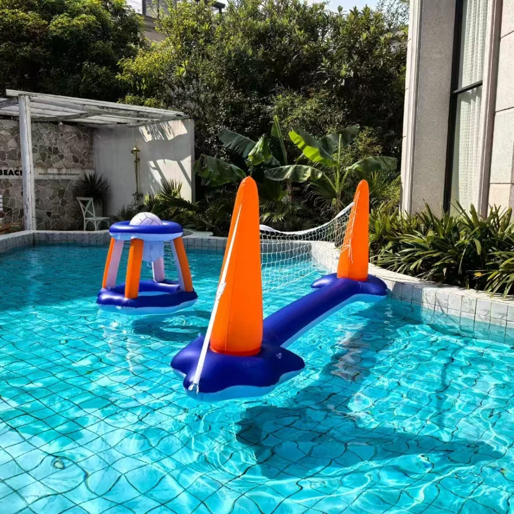 Aufblasbares Pool-Volleyball- und Basketball-Set – PVC-Wassersportspielzeug für Erwachsene, schwimmendes Netz und Korb, Poolspiele, Sommerspaß