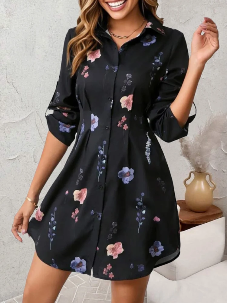 

Элегантное платье-рубашка с длинными рукавами и цветочным принтом, осеннее женское повседневное свободное офисное платье, однобортное модное тонкое платье с лацканами
