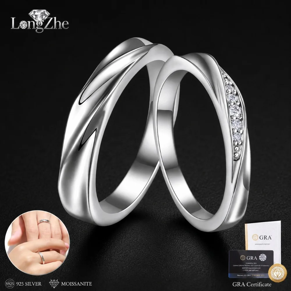 

S925 Sterling Silver Moissanite Couple Rings His and Hers Matching Wave Bands Adjustable Wedding Anniversary Jewelry Gift