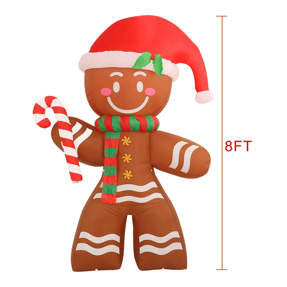 8FT Christmas Inflatables Gingerbread Man with Built-in LED Ornament for Xmas Party Indoor Outdoor Courtyard Props Decoration