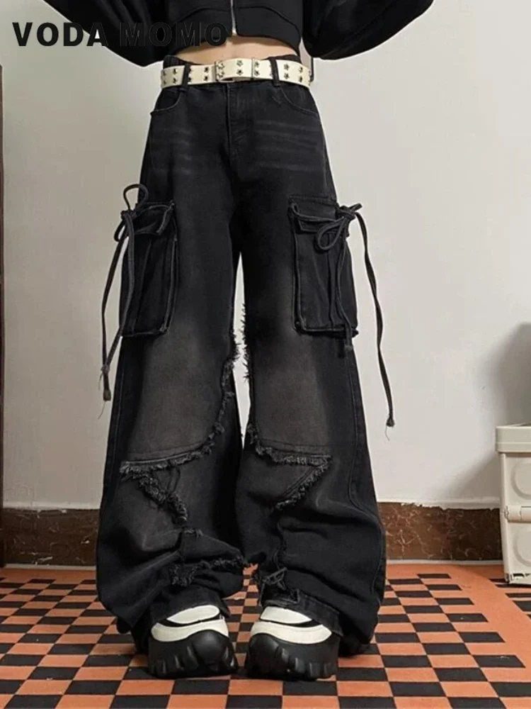 Jean cargo taille haute pour femme, jean baggy, sens du design vintage, esthétique Harajuku, vêtements en denim, fjY2k, 2024