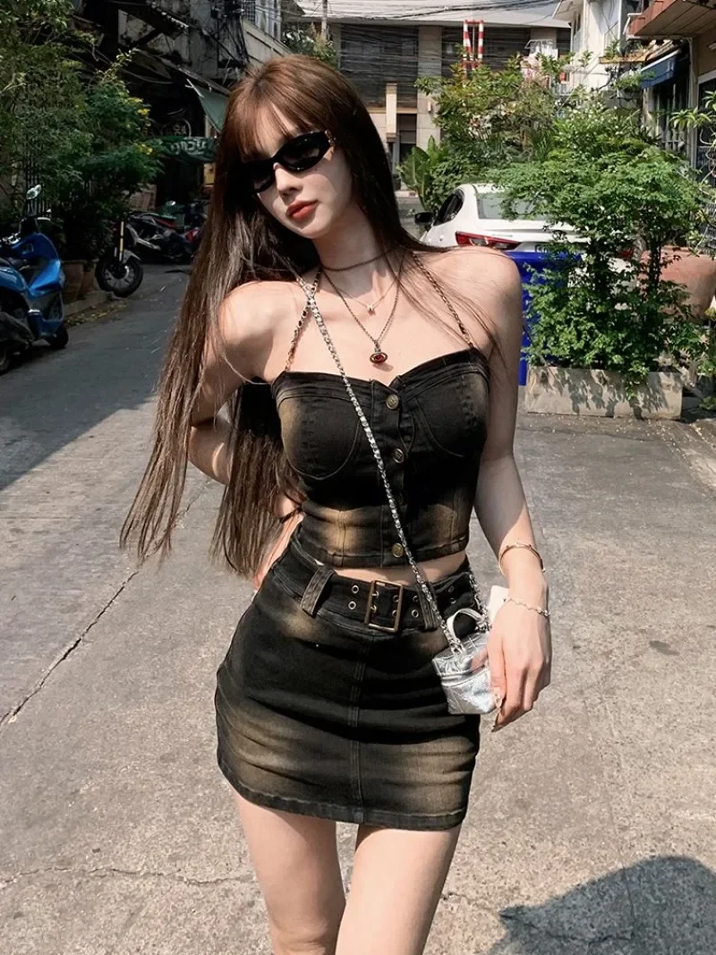 Spicy Girl Chain Hanging Neck Denim Bra Top Skirt Two Piece Set Women Gradient Collarbone Sleeveless Slim Summer Slim Girl Suit