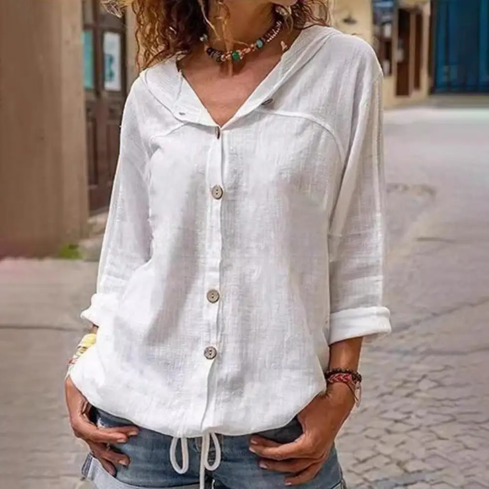 

Women Shirt Stylish Women's Hooded Button Closure Shirt Tops with Tie-down Hem Casual Loose Fit Commuting Style for Everyday