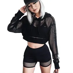 Womens Hollow Mesh Net Hooded T-Shirt Spring Autumn Long Sleeve Tee Tops 2021 Transparent Black Sexy Clubwear Party