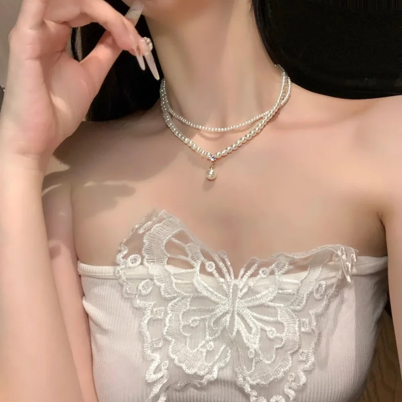 

French retro pearl double-layer collarbone chain women's accessory pearl high-end light luxury and niche necklace