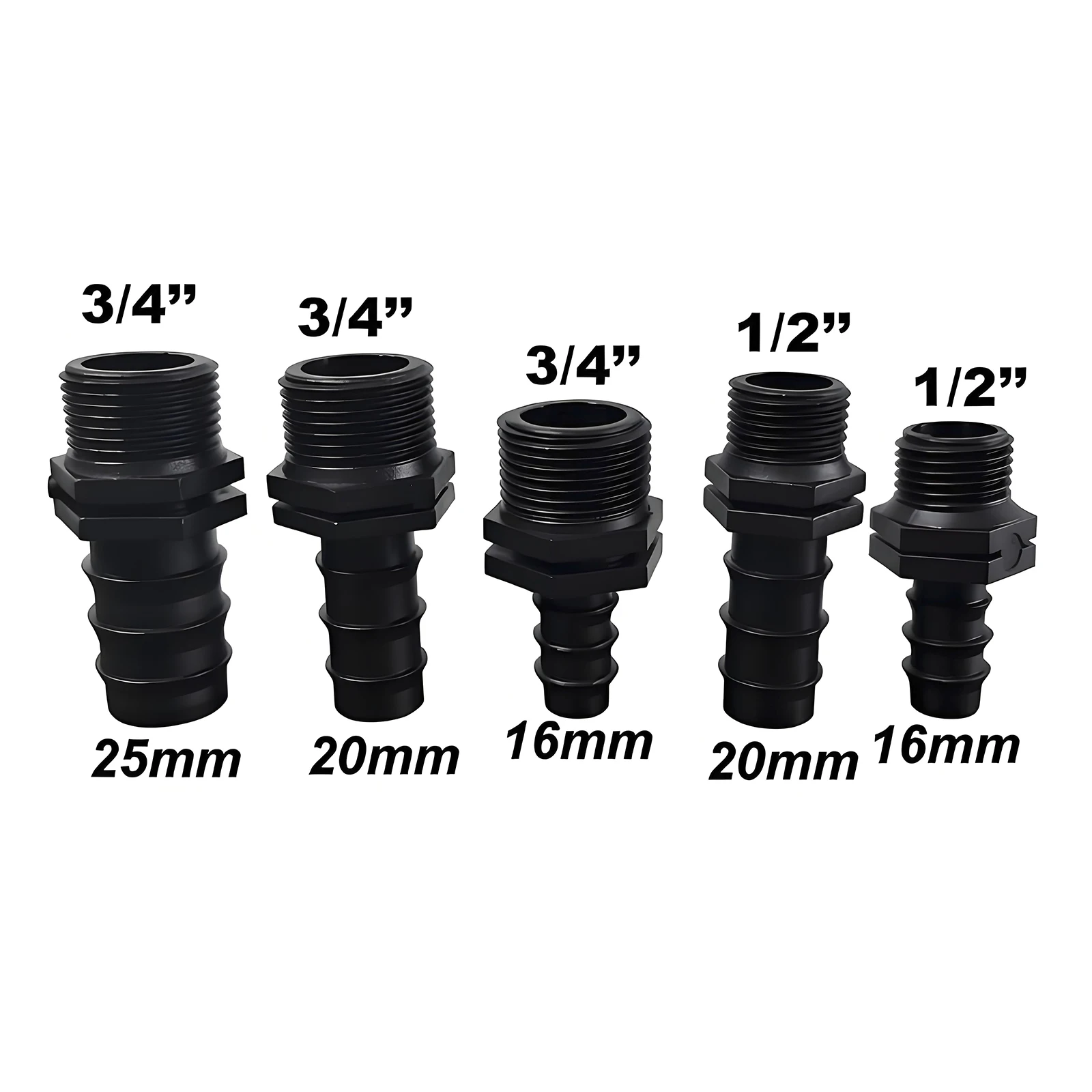 Adaptateur de connecteur de tuyau PE, Joint droit 1/2 "3/4", filetage à barbe 16 20 25mm, système d'irrigation Gagriculture, coupleur de tuyau, 5 pièces
