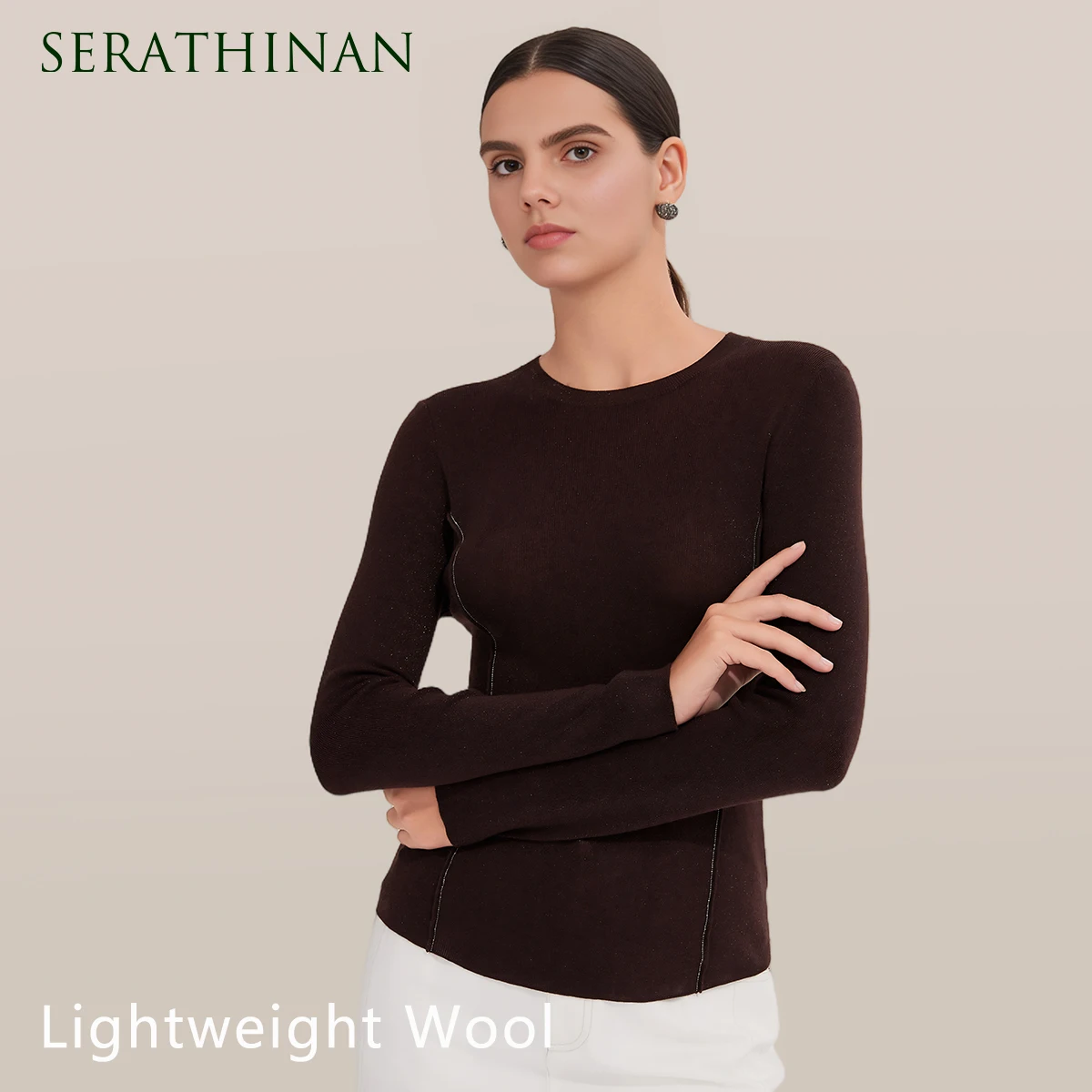 

BY3521286 Women's Fitted Long Sleeve Merino Wool Crewneck Sweater Ribbed Knit Pullover Superfine Wool Sweater for Fall