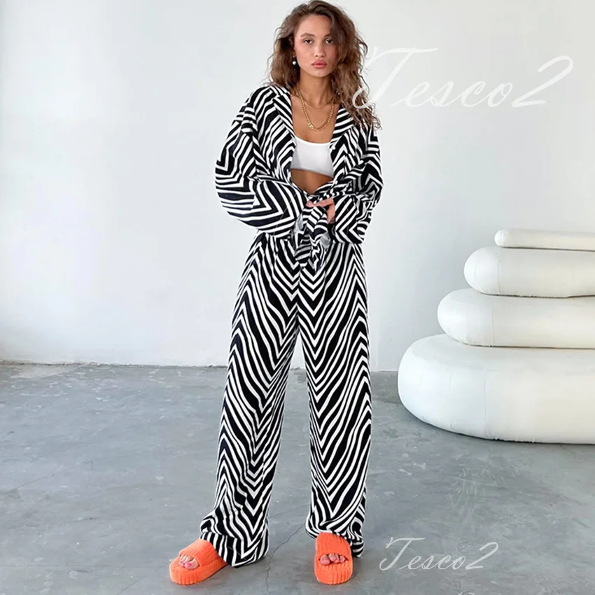 

Tesco Casual Women's Pant Sets Vintage Striped Print Blouses+Wide Leg Pants 2 Piece Loose Outfits For Beach Vocation Clothing