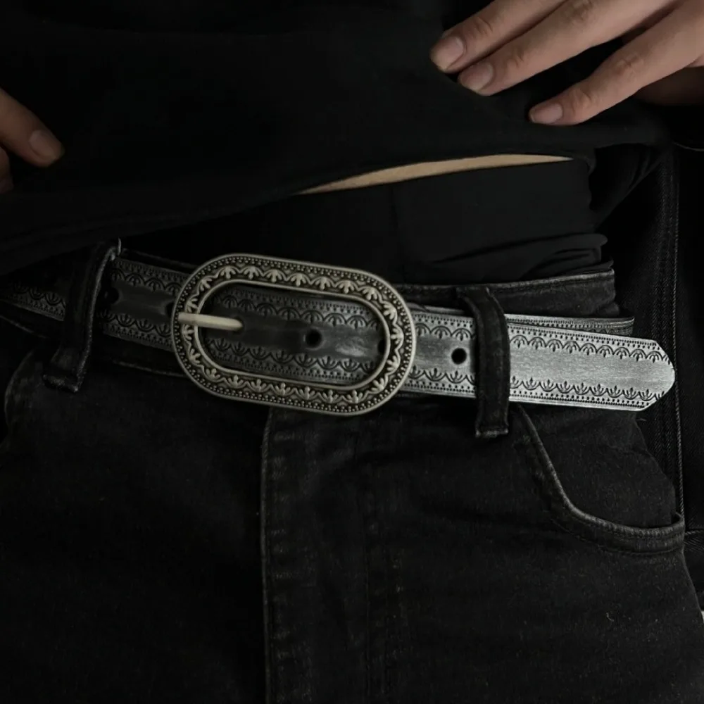 

Classic Gradient Men Retro Waist Belt Adjustable Metal Buckle PU Leather Belt 2.8CM Carved Embossed Vintage Waistband Men Women
