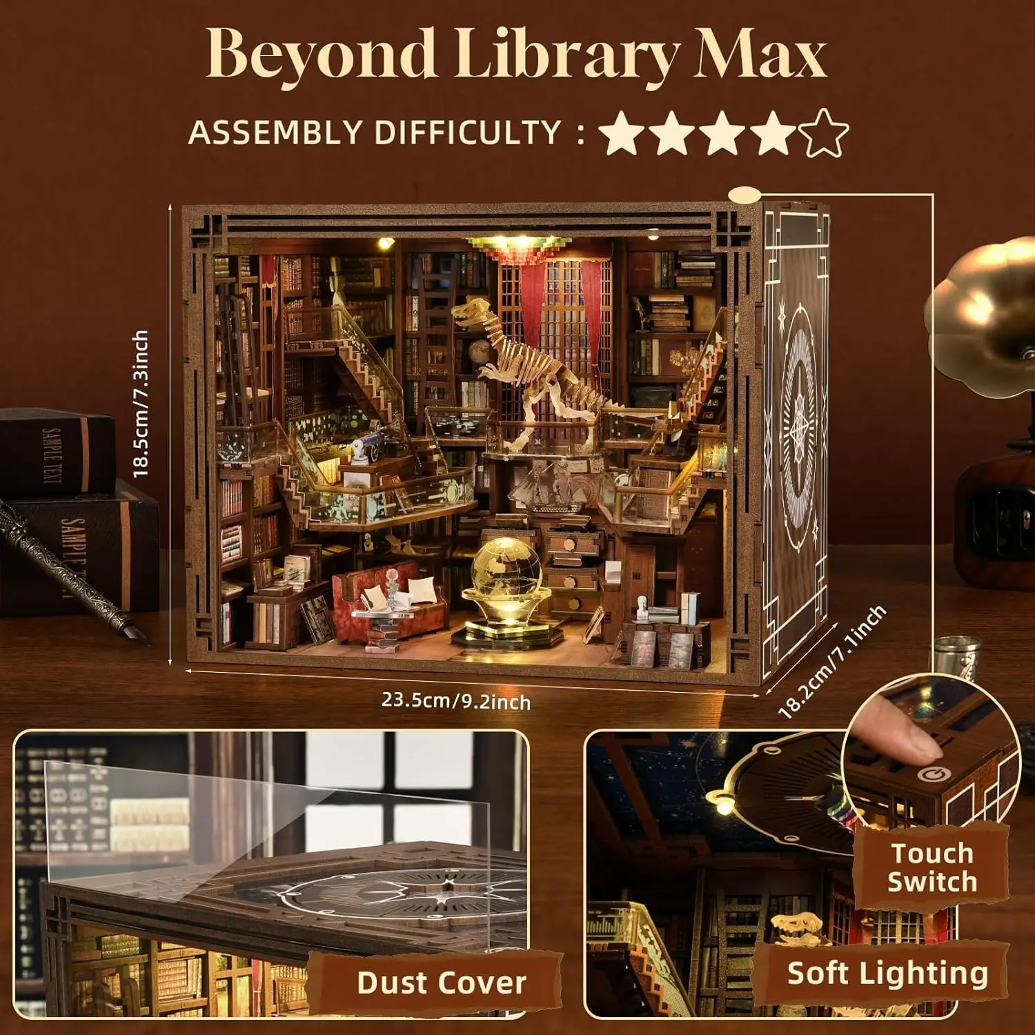 Book Nook Kits voor volwassenen, DIY miniatuur huiskit, 3D houten puzzel Bookshok boekenplank insteekdecor met LED-licht (Beyond Libr