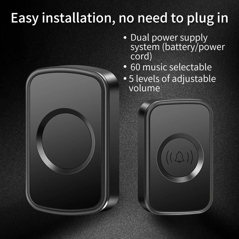 

CACAZI A98 DC Wireless Doorbell Battery Operated Door Bell Chime Without Battery 1000ft Long Range 60 Songs Waterproof Button