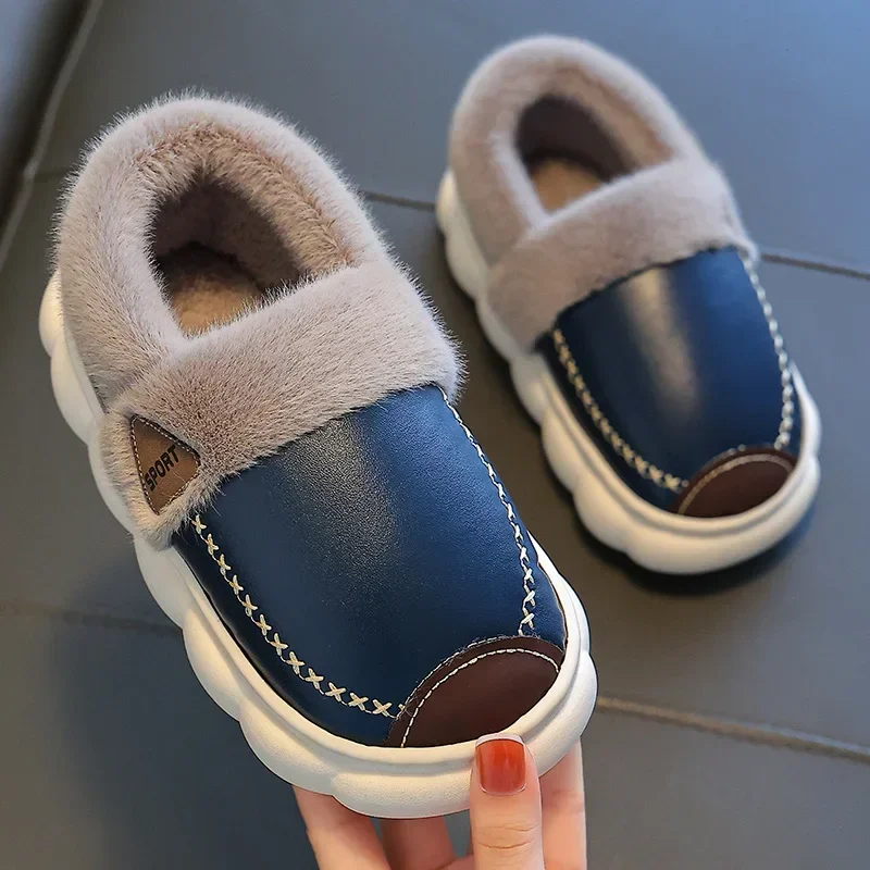 Children's Slippers Princess Shoes Warm Kids Winter Waterproof Indoor Leather Slippers Little Girls Boys Soft Bottom Baby Shoes