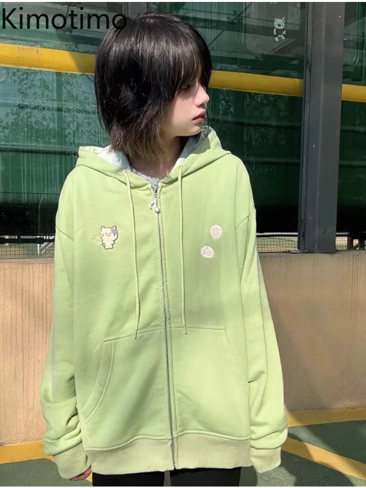 

Kimotimo, толстовка с зелеными кошачьими ушками, женская осенне-зимняя милая свободная куртка с капюшоном на молнии, японские повседневные толстовки с карманами Y2k, топы