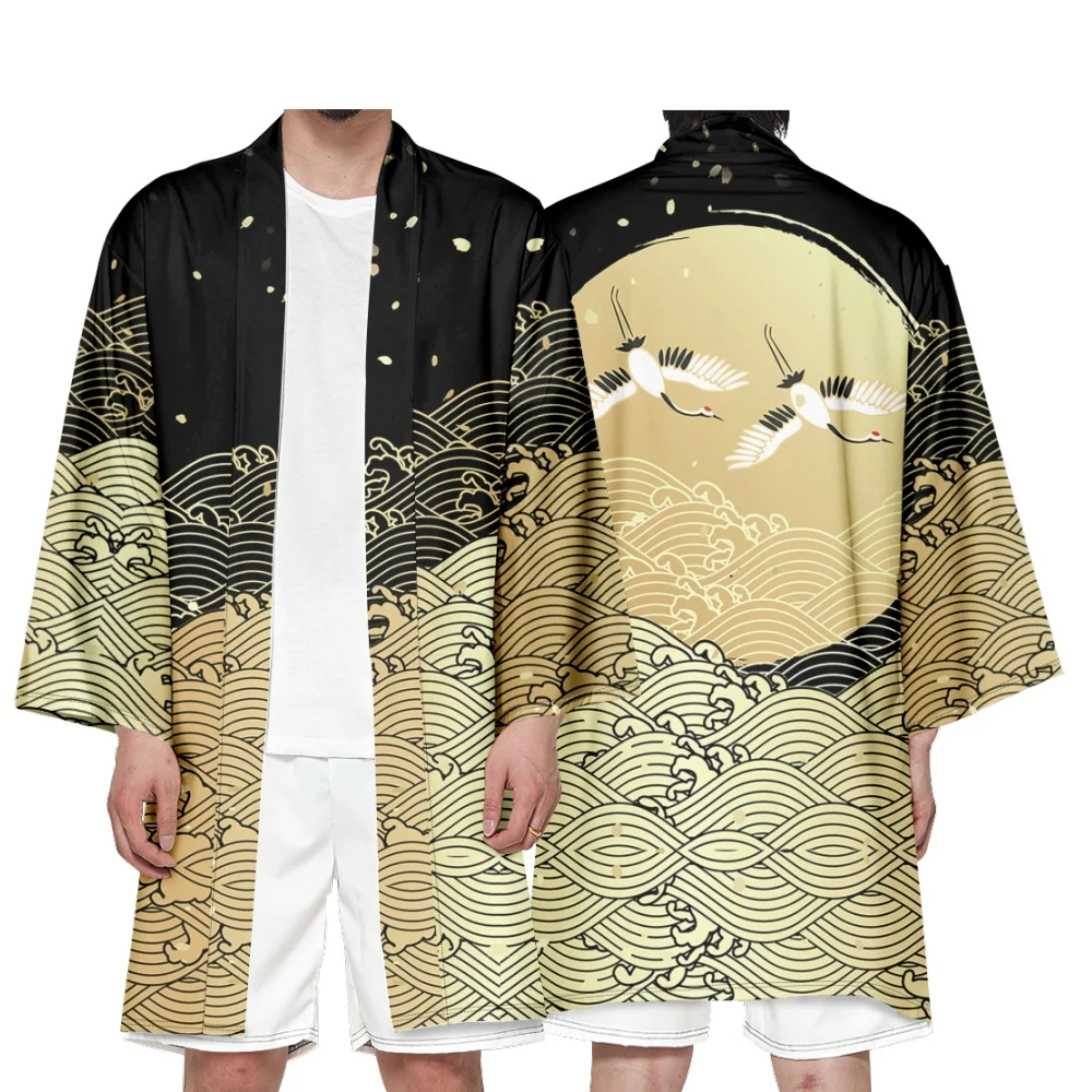 Men's Japanese Long Kimono Cardigan Boys Samurai Costume Kimono Kanagawa Wave Crane Pattern Kimono Shirt Yukata Outer Cover