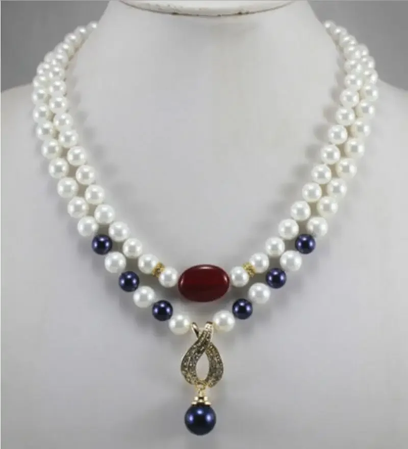 

2 ряда 8 мм белого и темно-синего жемчуга-ракушки + ожерелье с подвеской из кристаллов 14 мм
